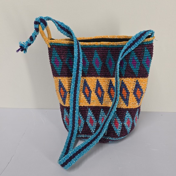 Vintage Handbags - Handmade Crochet Shoulder Bag Boho Geometric Pattern Multicolor‎ Strap